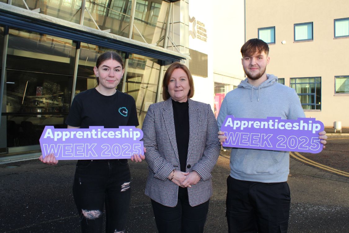 Apprentices Victoria McIlroy and Joshua Orr with Victoria Boyd, Head of Training & Apprenticeships at SERC